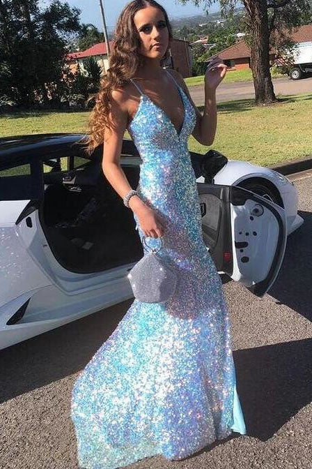 Light blue shop sequin prom dress