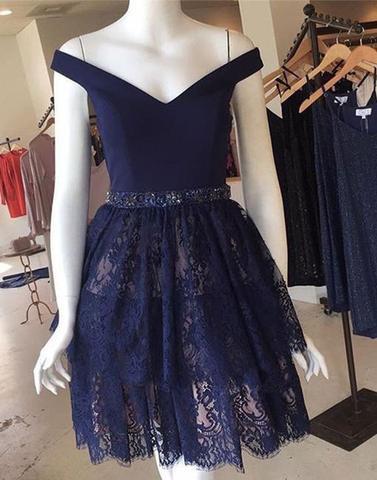 Navy Blue Lace Short Prom Dress For Teens,Graduation Party Dresses,Homecoming Dresses IN328