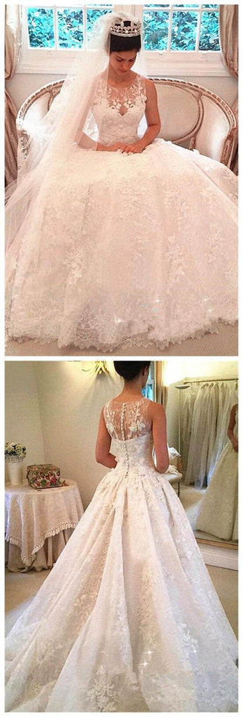 Princess Shinny Lace Button A-Line Wedding Dresses With Trailing IND52