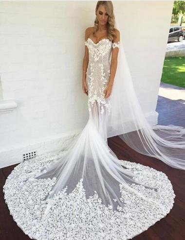 Off the Shoulder Short Sleeves Court Train Mermaid Wedding Dress with Appliques Lace INF75