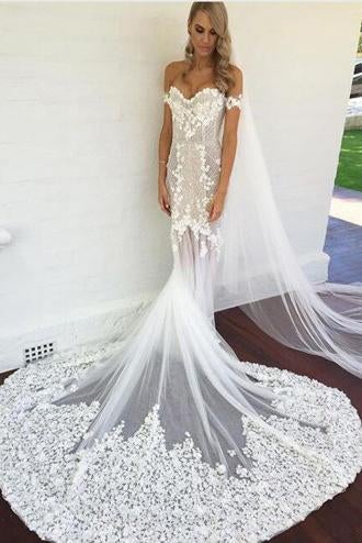 Off the Shoulder Short Sleeves Court Train Mermaid Wedding Dress with Appliques Lace INF75