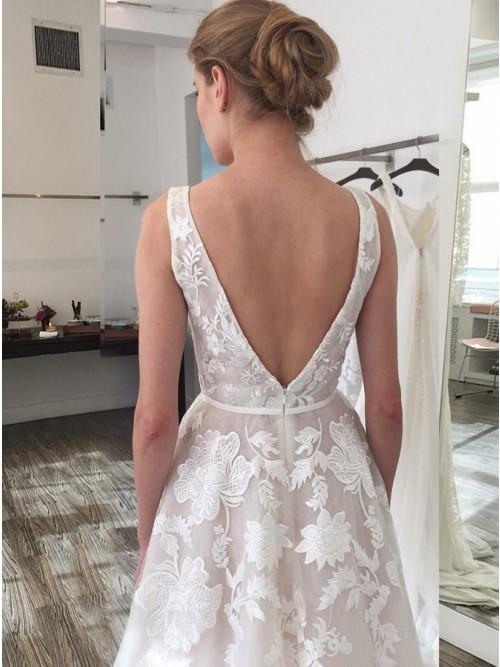 A-Line V-Neck Backless Sweep Train Ivory Wedding Dresses with Appliques INR20