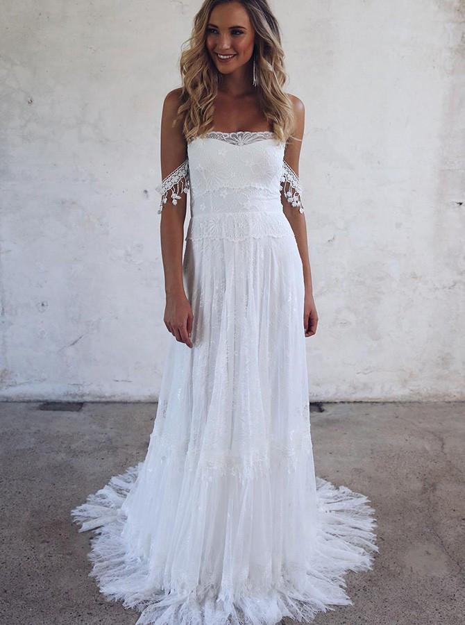 A-Line Off-the-Shoulder Lace White Beach Wedding Dress with Appliques INF22