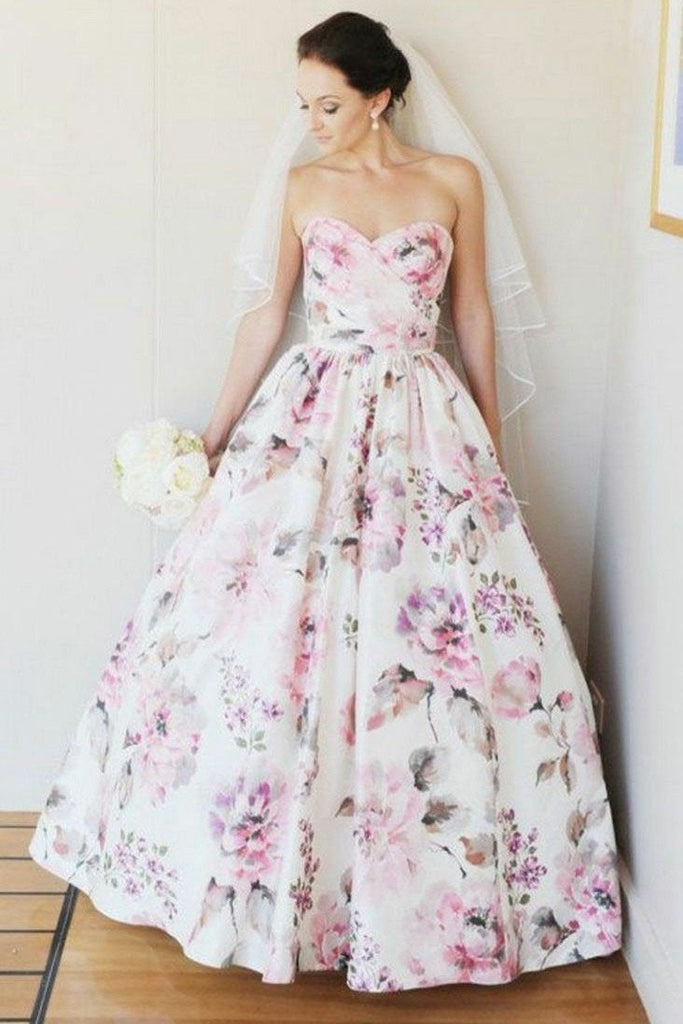 Cheap A-Line Sweetheart Floor Length Floral Satin Long Wedding Dress INF89