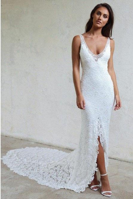 Mermaid V-Neck Backless Court Train Lace Wedding Dresses with Split INR38