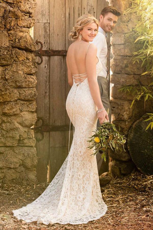 Mermaid Spaghetti Straps Backless Ivory Lace Wedding Dress INL61