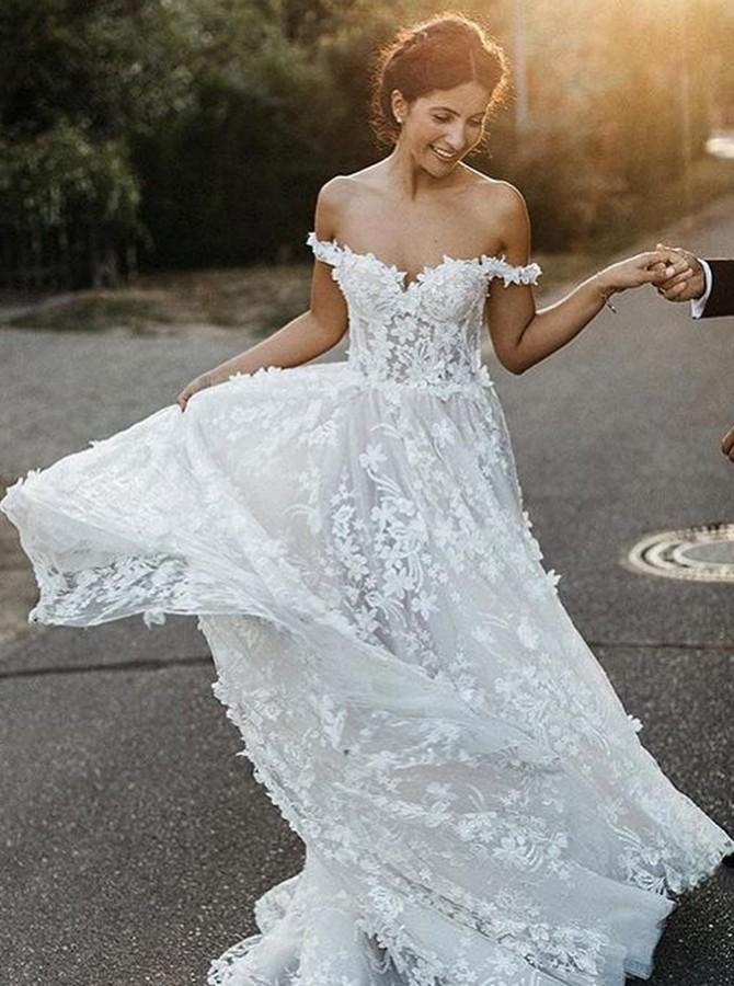 A-Line Off-the-Shoulder Boho Wedding Dress with Appliques INL58