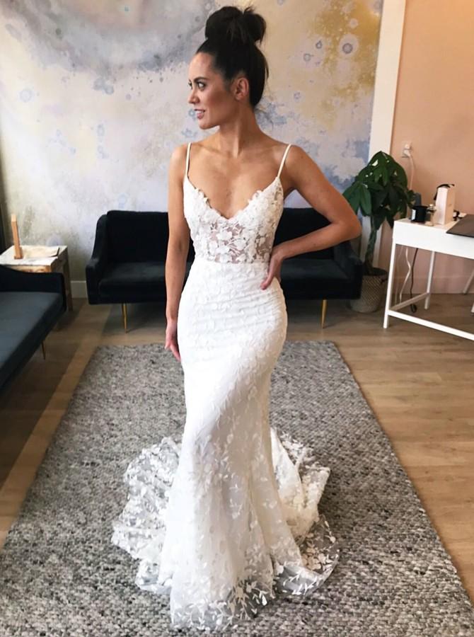 Mermaid Spaghetti Straps Lace Wedding Dress with Appliques INL57