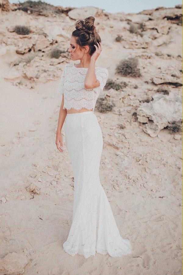 Two Piece Crew Short Sleeves White Lace Mermaid Wedding Dress INL54