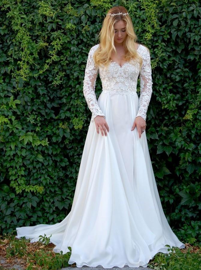 A-Line V-Neck Long Sleeves Wedding Dress with Lace Appliques INL50