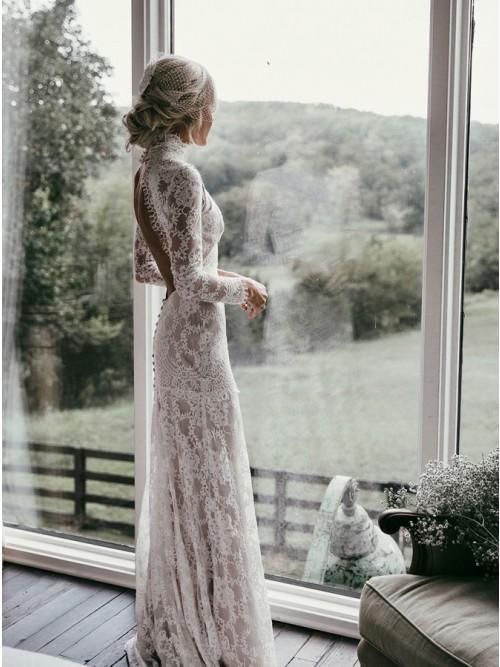 Mermaid High Neck Backless Long Sleeves Boho Lace Wedding Dress INL48