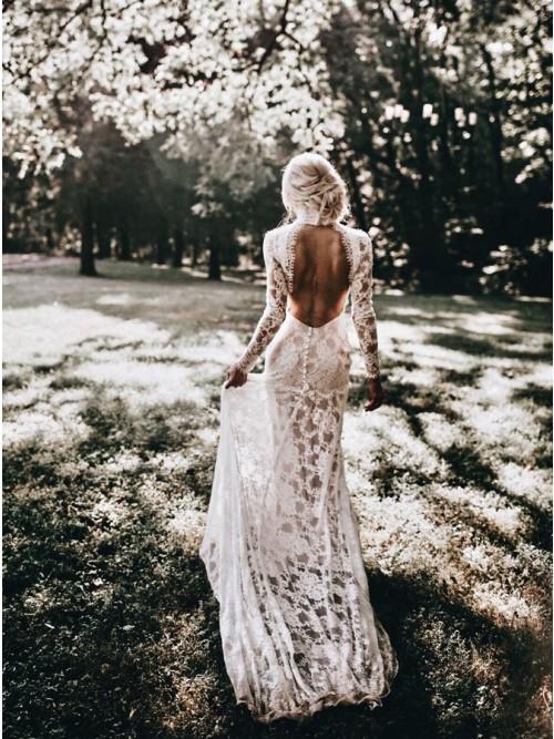 Mermaid High Neck Backless Long Sleeves Boho Lace Wedding Dress INL48