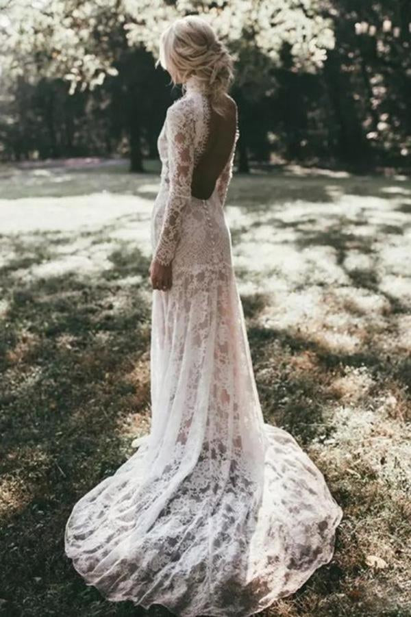 Mermaid High Neck Backless Long Sleeves Boho Lace Wedding Dress