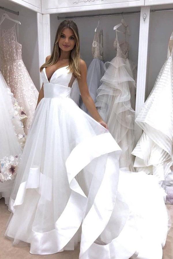 A-Line Spaghetti Straps Sweep Train Tulle White Wedding Dress Bridal Gown INM30