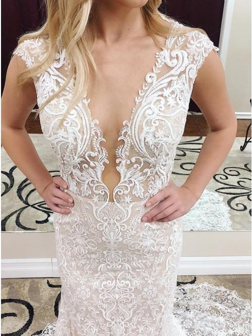 Mermaid Deep V-Neck Cap Sleeves Lace Elegant Wedding Dress INK41