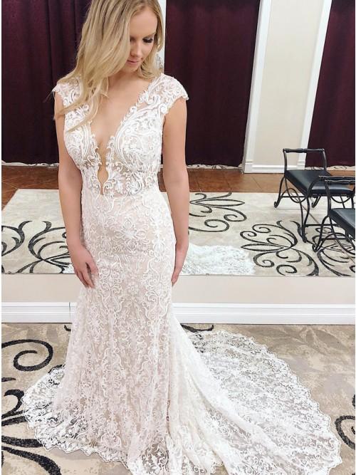 Mermaid Deep V-Neck Cap Sleeves Lace Elegant Wedding Dress INK41