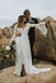 A-Line V-Neck Bell Sleeves Sweep Train Lace Wedding Dress with Split INM23