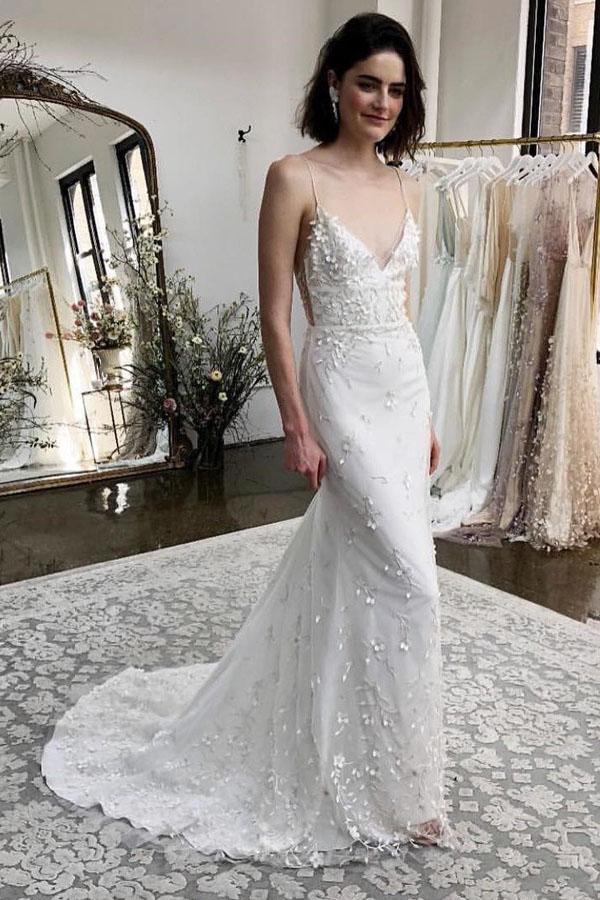 Mermaid Spaghetti Straps Sweep Train Appliqued Wedding Dress INM24