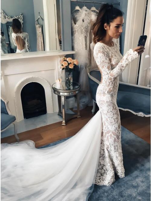 Mermaid Crew Long Sleeves Illusion Back Lace Wedding Dress INL15