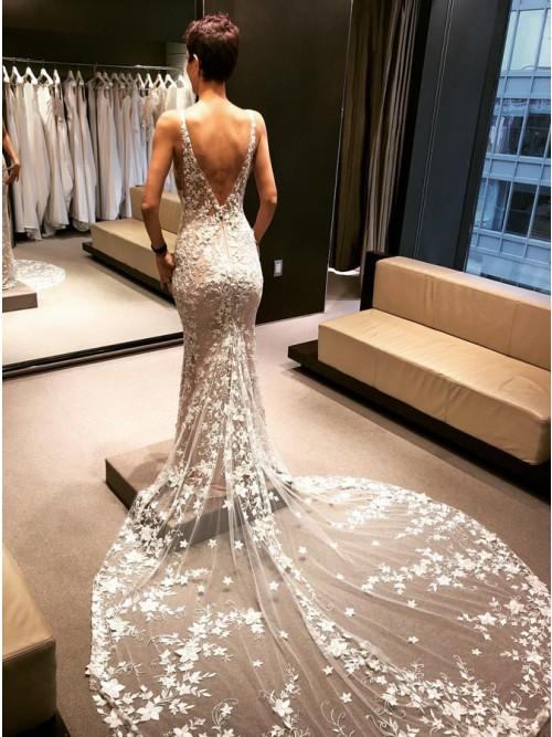 Mermaid V-Neck Backless Court Train Wedding Dress with Lace Appliques INK47