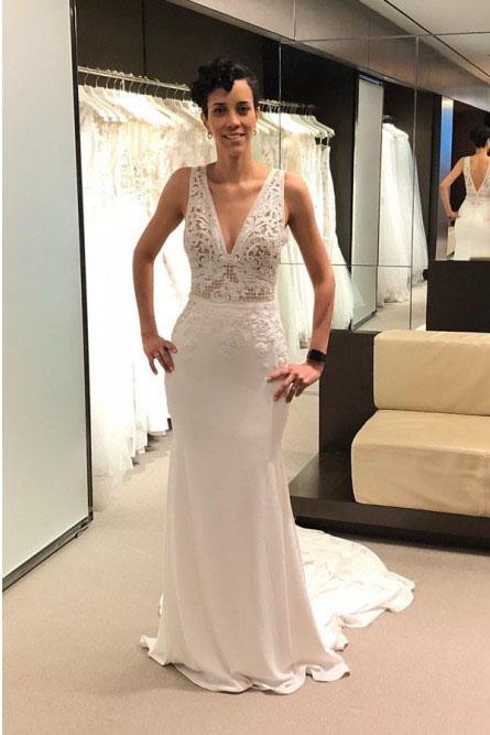 Mermaid V-Neck Backless Court Train Ivory Wedding Dress with Lace INL10