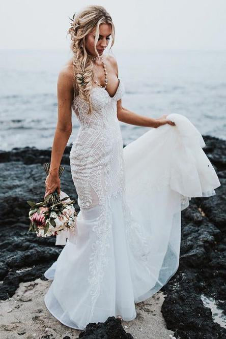 Mermaid Sweetheart Sweep Train Elegant Wedding Dresses with Lace Appliques INR77