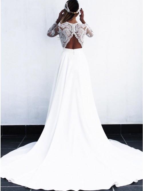 A-Line V-Neck Open Back Long Sleeves Wedding Dresses with Lace Appliques INR82