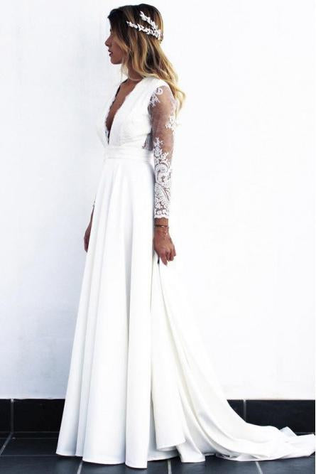 A-Line V-Neck Open Back Long Sleeves Wedding Dresses with Lace Appliques INR82