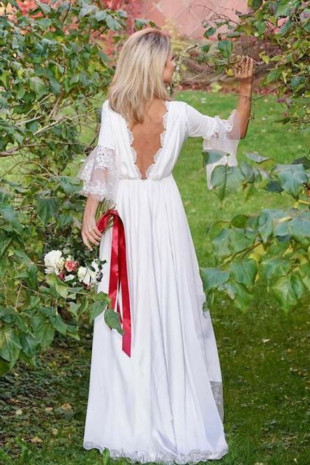 A-Line V-Neck V Back 3/4 Sleeves Satin Boho Wedding Dresses with Lace INS27