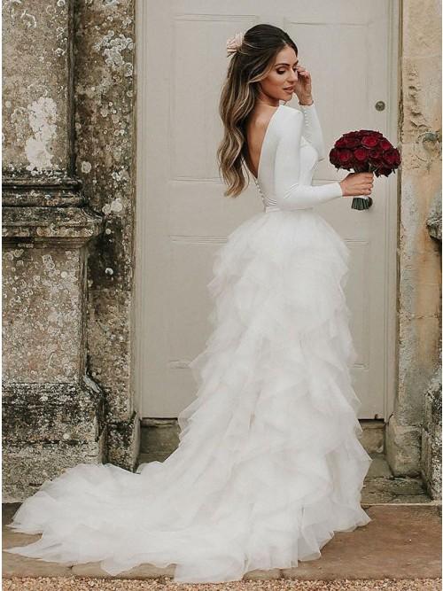 A-Line Bateau Long Sleeves Ruffles Tulle Elegant Wedding Dresses INS30