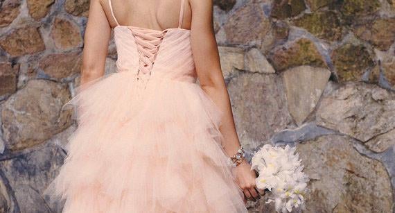 Knee Length Blush Colored Layered Tulle Short Ruffles Wedding Dresses IN557