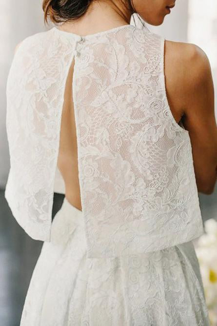 Two Piece Open Back Sweep Train Ivory Lace Wedding Dresses with Pockets INS33