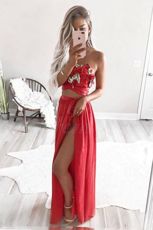 Two Piece Strapless Floor-Length Red Chiffon Prom Dresses with Appliques INQ98