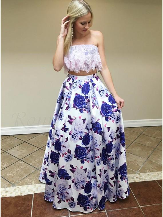 Two Piece Strapless Floor-Length Floral Printed Prom Dresses with Lace Top INQ97