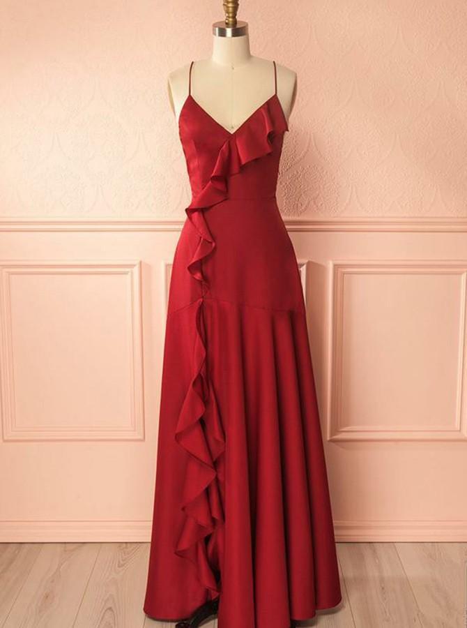Mermaid Spaghetti Straps Red Satin Prom Dresses with Ruffles ING99