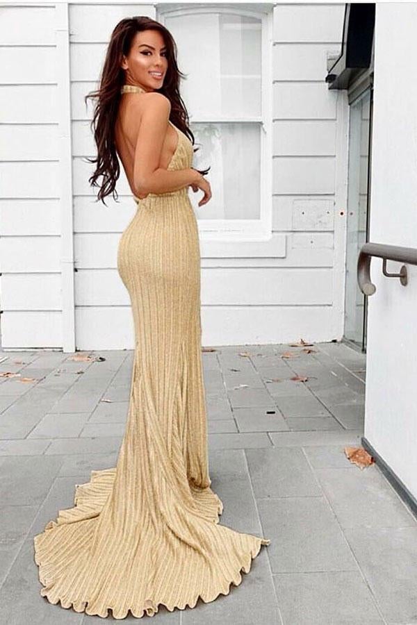 Sexy Sheath Halter Backless Sweep Train Gold Prom Party Dress with Split ING3
