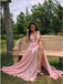 A-Line V-Neck Sweep Train Pink Lace Prom Dress with Split INP10