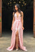 A-Line V-Neck Sweep Train Pink Lace Prom Dress with Split INP10