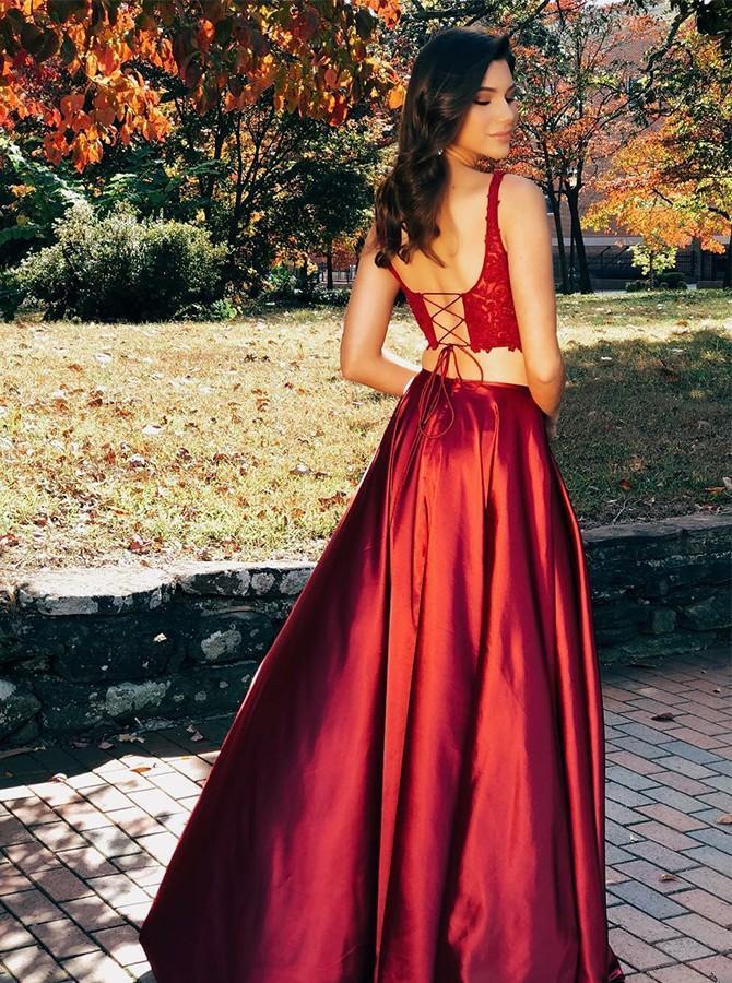 Two Pieces Scoop Sleeveless Burgundy Split Sexy Long Prom Dresses ING97