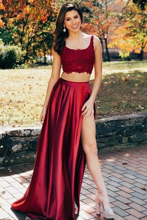 Two Pieces Scoop Sleeveless Burgundy Split Sexy Long Prom Dresses ING97