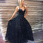 A Line Spaghetti Straps Floor Length Navy Sequined Prom Dress INQ61