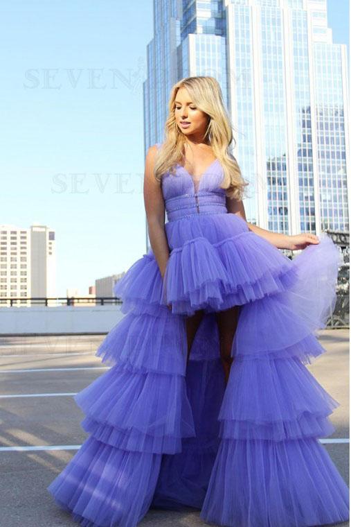 Lavender High Low Layers Tulle A Line Prom Dresses with Beading INS77