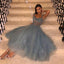 A Line Spaghetti Straps Tea Length Dusty Blue Tulle Prom Dresses INS69