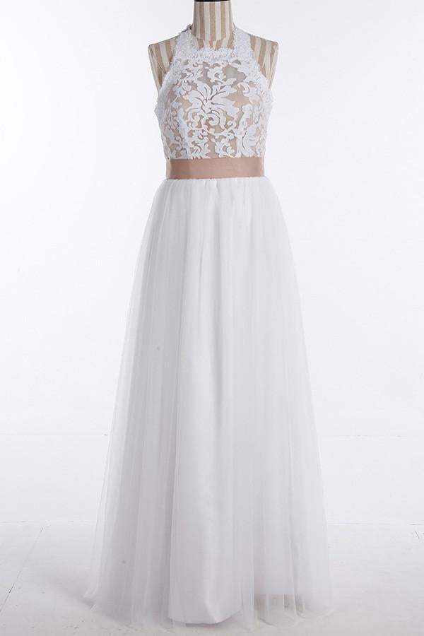 Simple Jewel Sleeveless Floor-Length Wedding Dresses,Lace Top White Wedding Gown IN537