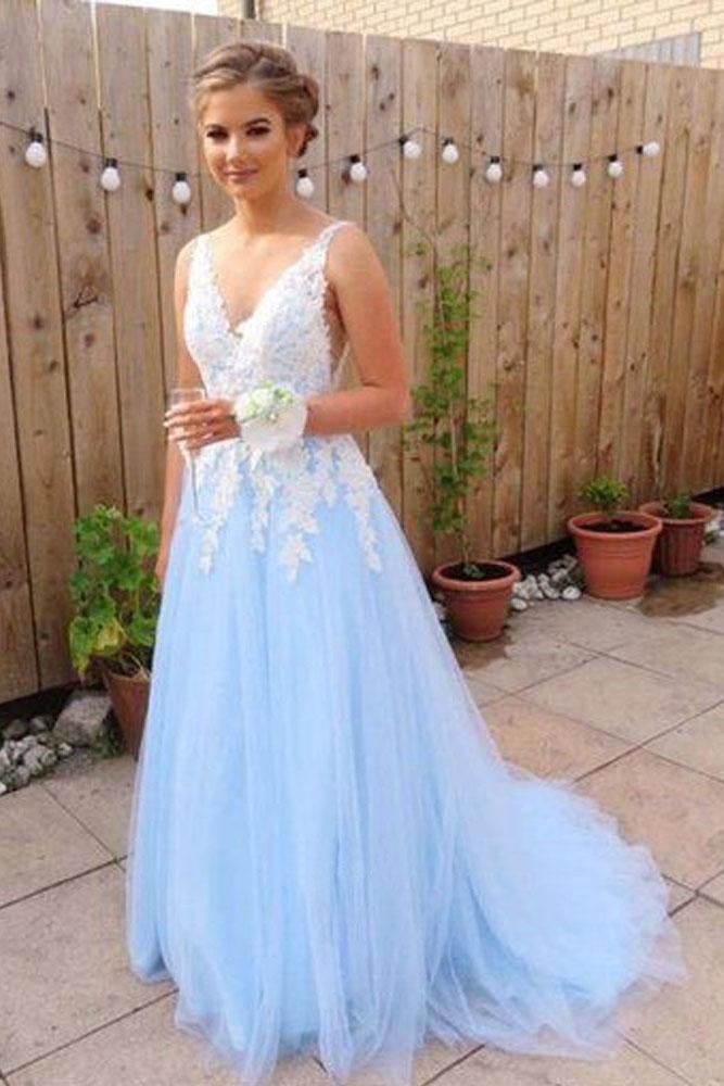 Gorgeous A Line V Neck Backless Sky Blue Tulle Long Prom Dresses INF27