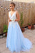 Gorgeous A Line V Neck Backless Sky Blue Tulle Long Prom Dresses INF27