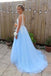 Gorgeous A Line V Neck Backless Sky Blue Tulle Long Prom Dresses INF27