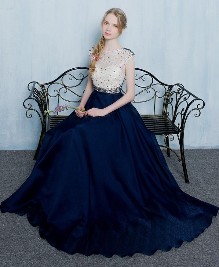 Beautiful Dark Blue Long Beading Zipper Back Prom Dresses K724