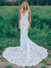 Mermaid V Neck Backless White Lace Long Wedding Dresses,Beach Boho Wedding Dresses INF76