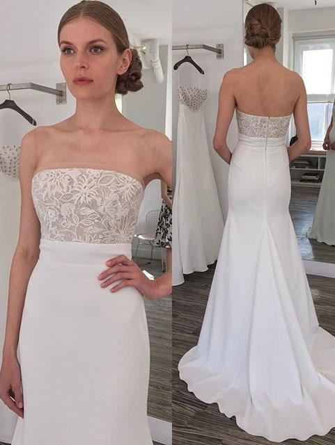 Simple Strapless Mermaid Long Wedding Dress with Sweep Train INL46